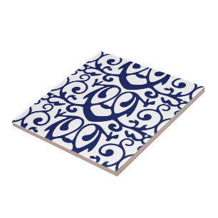 Elegant Navy Blue en White Pattern Ceramic Tile Tegeltje