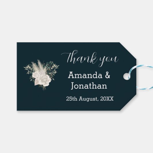 Elegant Navy Blue en White Roses Wedding Cadeaulabel (Voorkant (Horizontaal))