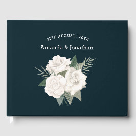 Elegant Navy Blue en White Roses Wedding Gastenboek