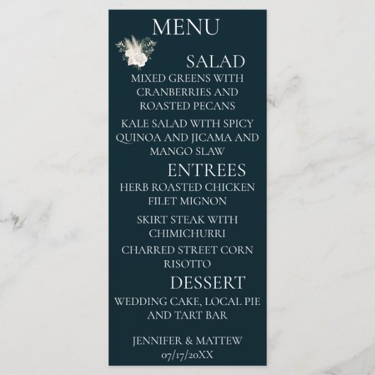 Elegant Navy Blue en White Roses Wedding Menu (Voorkant)