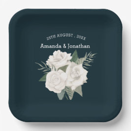 Elegant Navy Blue en White Roses Wedding Papieren Bordje