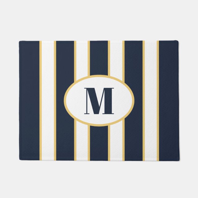 Elegant Navy Blue en White Striped Monogram Deurmat (Voorkant)