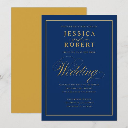 Elegant Navy Blue en Yellow Gold Wedding Kaart (Voorkant / Achterkant)