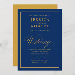 Elegant Navy Blue en Yellow Gold Wedding Kaart