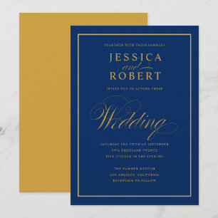 Elegant Navy Blue en Yellow Gold Wedding Kaart