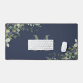 Elegant Navy Blue Eucalyptus Botanical Monogram Bureaumat (Keyboard & Muis)