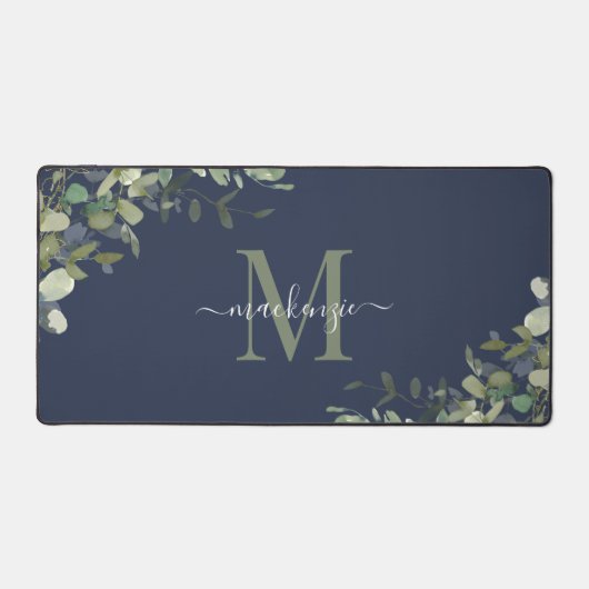 Elegant Navy Blue Eucalyptus Botanical Monogram Bureaumat (Voorkant)