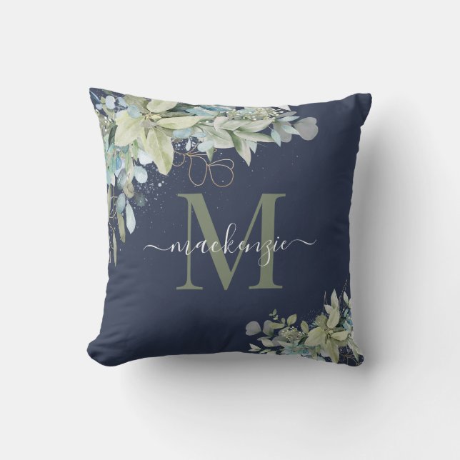 Elegant Navy Blue Eucalyptus Botanical Monogram Kussen (Voorkant)