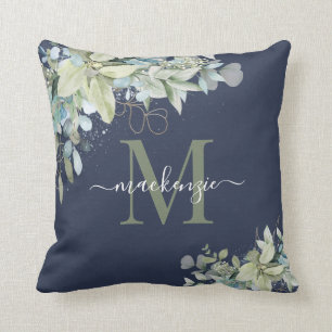 Elegant Navy Blue Eucalyptus Botanical Monogram Kussen