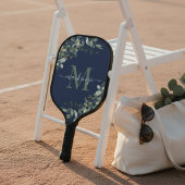 Elegant Navy Blue Eucalyptus Botanical Monogram Pickleball Paddle