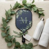 Elegant Navy Blue Eucalyptus Botanical Monogram Pickleball Paddle