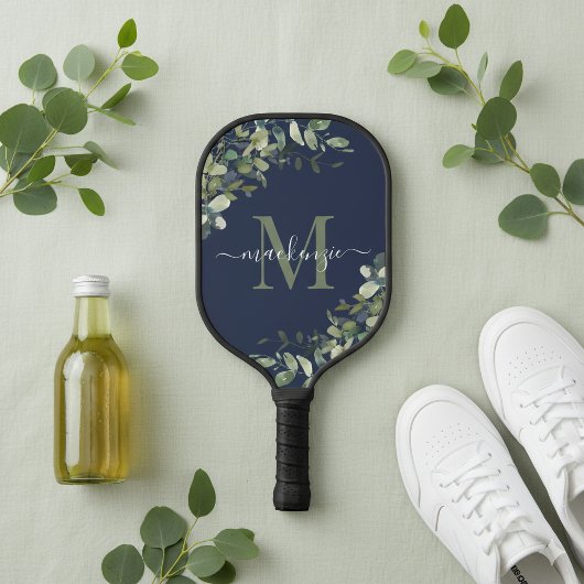 Elegant Navy Blue Eucalyptus Botanical Monogram Pickleball Paddle
