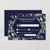 Elegant Navy Blue Eucalyptus Greenery Wedding RSVP Kaartje (Voorkant / Achterkant)