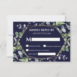 Elegant Navy Blue Eucalyptus Greenery Wedding RSVP Kaartje