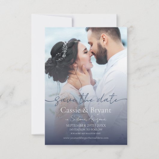 Elegant Navy Blue Fade Foto Bruiloft Save the Date (Voorkant)