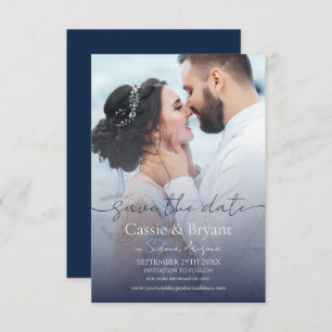 Elegant Navy Blue Fade Foto Bruiloft Save the Date