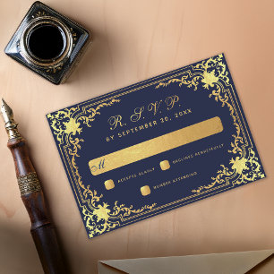 Elegant  Navy Blue Faux Gold Foil Bruiloft RSVP Kaartje