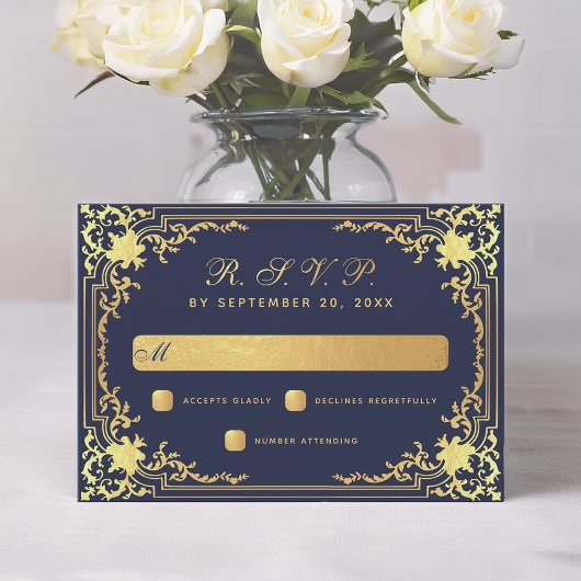Elegant  Navy Blue Faux Gold Foil Bruiloft RSVP Kaartje