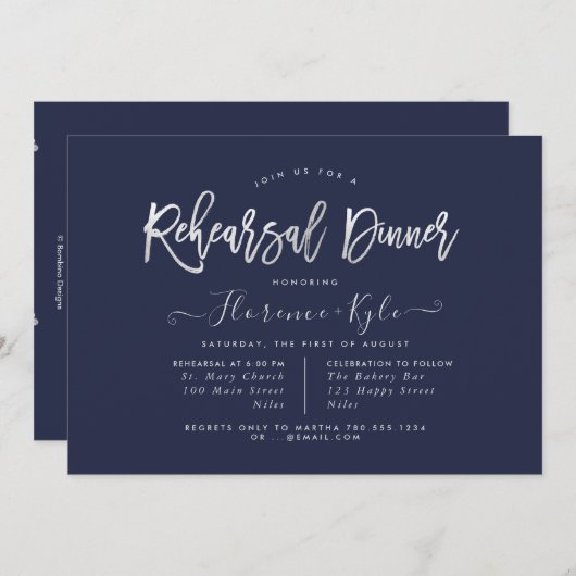 Elegant Navy Blue+Faux Silver Rehearsal Dinner Kaart (Voorkant / Achterkant)