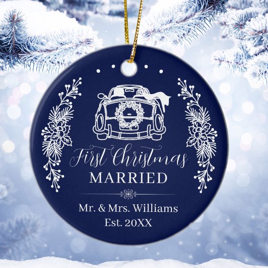 Elegant Navy Blue First Christmas Married Car Keramisch Ornament