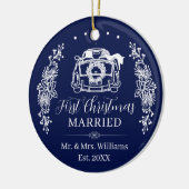 Elegant Navy Blue First Christmas Married Car Keramisch Ornament (Links)
