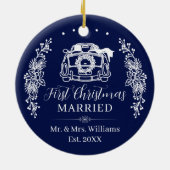 Elegant Navy Blue First Christmas Married Car Keramisch Ornament (Achterkant)