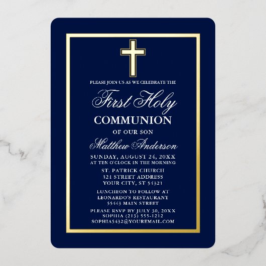Elegant Navy Blue First Heilige Communist Cross Go Folie Uitnodiging (Voorkant)