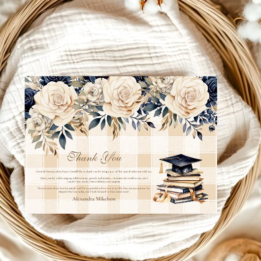 Elegant Navy Blue Floral Afstuderen Bedankkaart