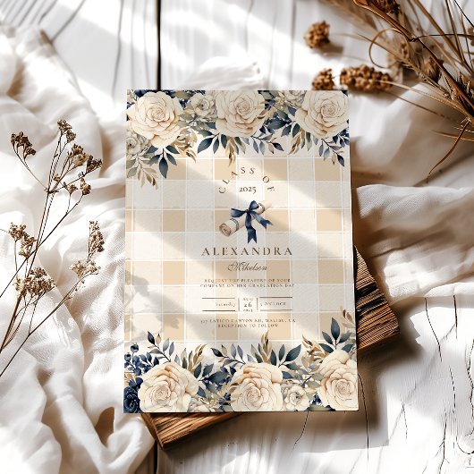Elegant Navy Blue Floral Afstuderen Kaart
