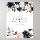 Elegant Navy Blue Floral Baby shower Welkom Poster (Voorkant)