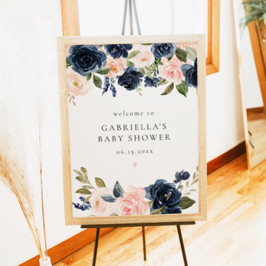 Elegant Navy Blue Floral Baby shower Welkom Poster