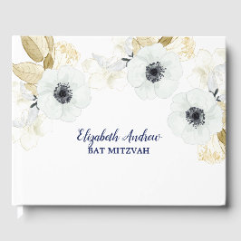 Elegant Navy Blue Floral Bat Mitzvah Gastenboek