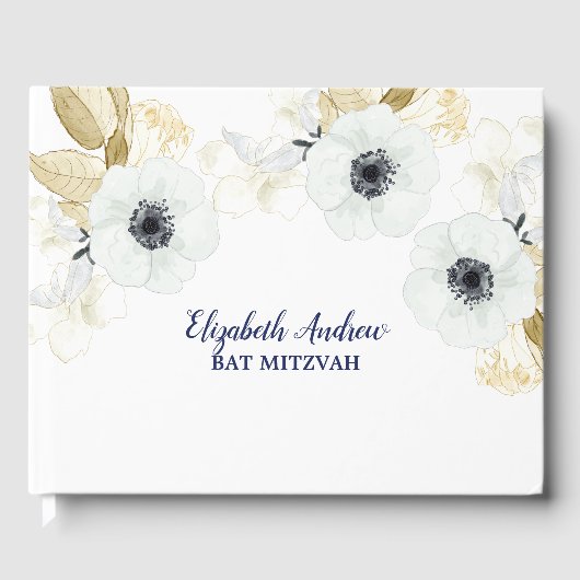 Elegant Navy Blue Floral Bat Mitzvah Gastenboek (Voorkant)