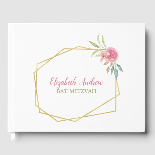 Elegant Navy Blue Floral Bat Mitzvah Gastenboek (Voorkant)
