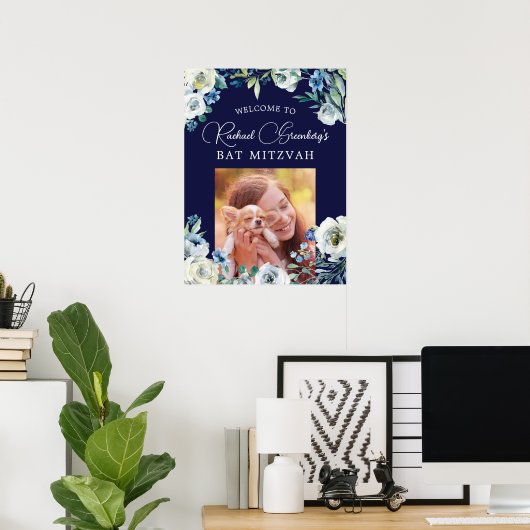 Elegant Navy Blue Floral Bat Mitzvah Welkom Poster (Thuiskantoor)