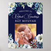 Elegant Navy Blue Floral Bat Mitzvah Welkom Poster (Voorkant)
