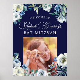 Elegant Navy Blue Floral Bat Mitzvah Welkom Poster