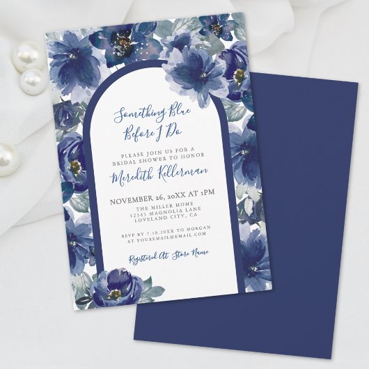 Elegant Navy Blue Floral Bridal Shower Kaart