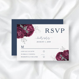 Elegant Navy Blue Floral Burgundy Peonies Wedding RSVP Kaartje