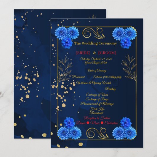 Elegant Navy Blue Floral Ceremony Program Template Programmakaart (Voorkant / Achterkant)