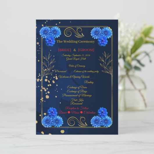 Elegant Navy Blue Floral Ceremony Program Template Programmakaart (Staand voorkant)