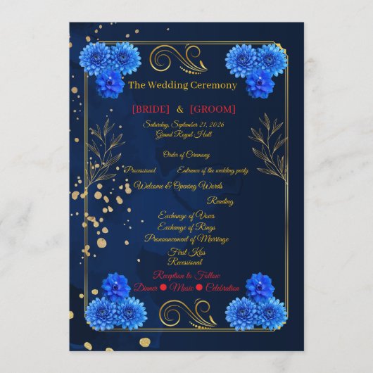 Elegant Navy Blue Floral Ceremony Program Template Programmakaart (Voorkant)