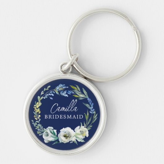 Elegant Navy Blue Floral Custom Bridesmaid Gift Sleutelhanger (Voorkant)