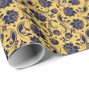 Elegant Navy Blue Floral Damascus gele achtergrond Cadeaupapier