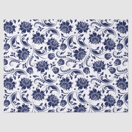 Elegant Navy Blue Floral Damaswitwerende achtergro Tissuepapier (Voorkant)