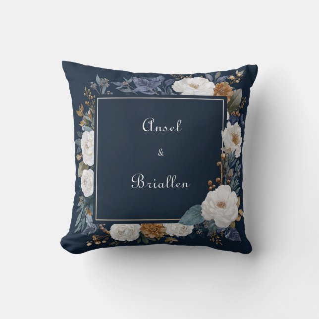 Elegant Navy Blue Floral Design met witte rozen Kussen (Voorkant)