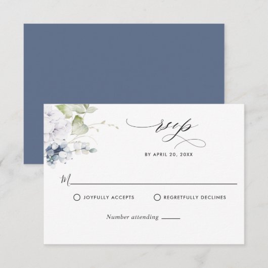Elegant Navy Blue Floral en Greenery Wedding RSVP Kaartje (Voorkant / Achterkant)