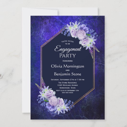 Elegant Navy Blue Floral Engagement Party Kaart (Voorkant)