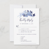 Elegant Navy Blue Floral Foliage Modern Wedding RSVP Kaartje (Voorkant)
