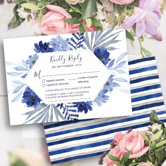 Elegant Navy Blue Floral Foliage Modern Wedding RSVP Kaartje